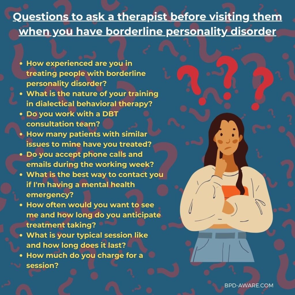 Questions to ask a therapist before visiting them when you have BPD.